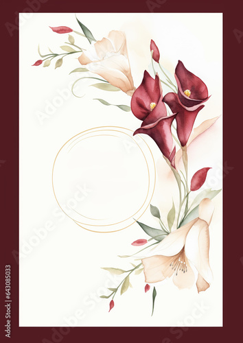 Watercolor Anniversary Invitation Card Template, Romance, Deep Burgundy and glistening Champagne Gold hues ,  elegant  Calla Lilies, symbols of beauty and devotion