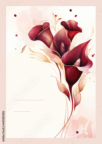 Watercolor Anniversary Invitation Card Template, Romance, Deep Burgundy and glistening Champagne Gold hues ,  elegant  Calla Lilies, symbols of beauty and devotion