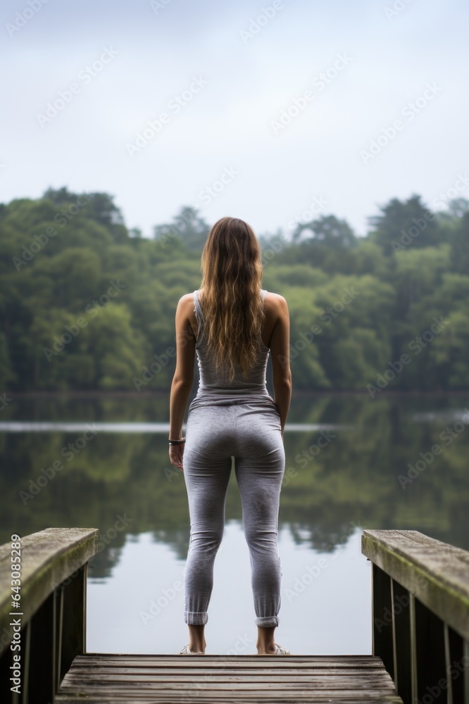 Misty Lake Tranquility Mockup with Female Model on Wooden Jetty in White T Shirt