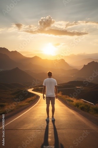 Road to Adventure Man in White T Shirt Amidst Sunrise Mountains