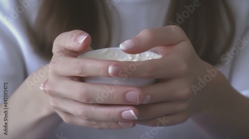 a woman s hand holding a bowl