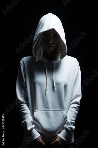 Dramatic Contrast Woman in White Hoodie Against Black Textured Wall with Spotlight and Shadows