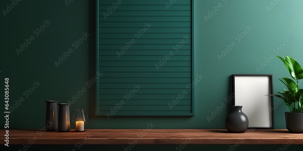 Mock up poster frame in kitchen interior and accessories with dark green wooden slatted wall background - obrazy, fototapety, plakaty 