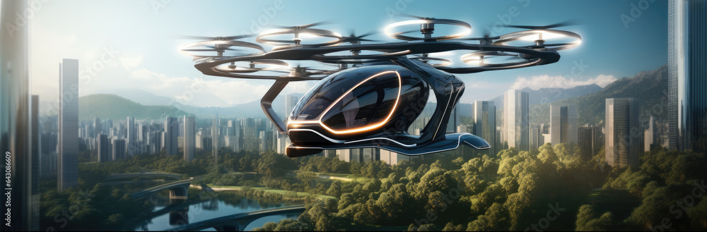 Future transport concept, Futuristic manned passenger drone flying in the sky over modern city.