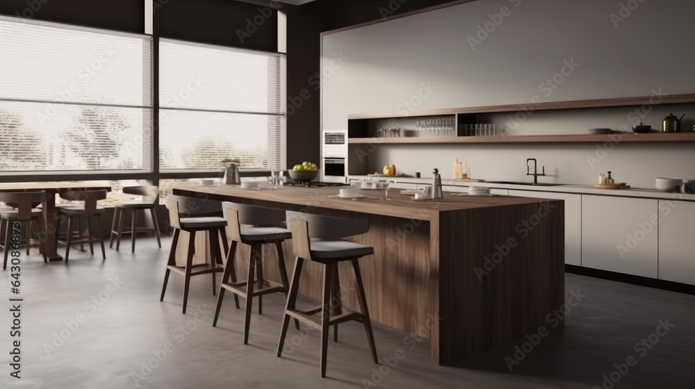 Dining area with long table in modern kitchen. Dining area with long table in modern kitchen.