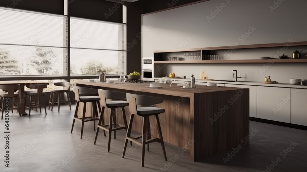 Dining area with long table in modern kitchen.