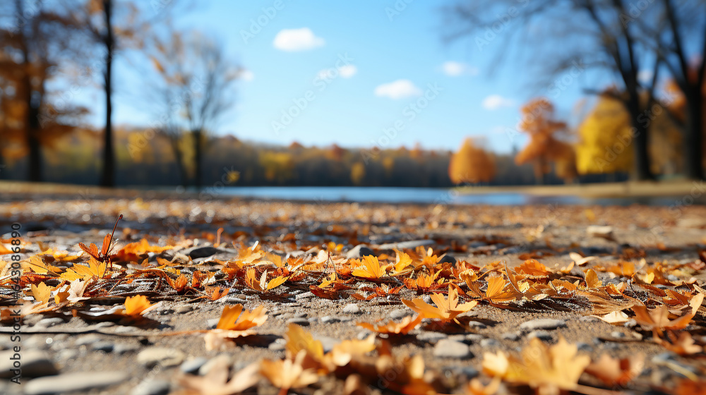 A carpet of beautiful yellow and orange fallen leaves against a blurred natural park and blue sky on a bright sunny day. Natural autumn landscape. A carpet of beautiful yellow and orange fallen leaves against a blurred natural park and blue sky on a bright sunny day. Natural autumn landscape.