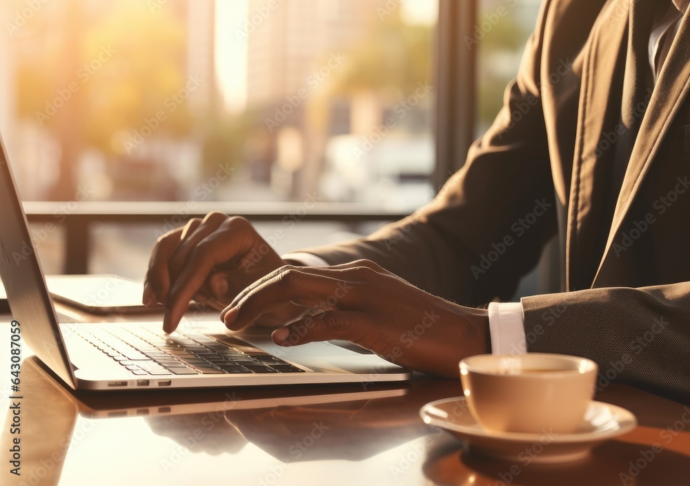 closeup with hand of businessman using laptop, with out door cafe, chilling, technology concept. AI Generative. closeup with hand of businessman using laptop, with out door cafe, chilling, technology concept. AI Generative.