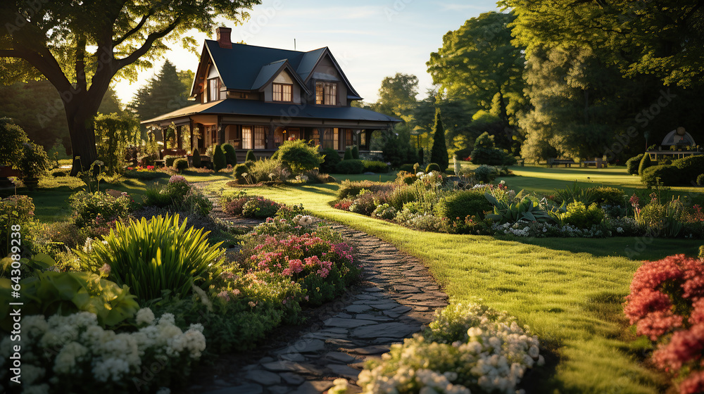 Obraz premium Beautiful manicured lawn and flowerbed with deciduous shrubs on private plot and track to house against backlit bright warm sunset evening light on background. Soft focusing in foreground.