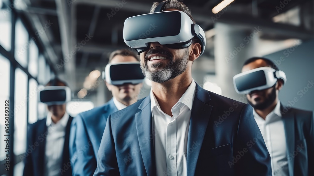 Businessman wearing VR glasses with team, Technology VR virtual with business software development team testing experience while using VR device together. Businessman wearing VR glasses with team, Technology VR virtual with business software development team testing experience while using VR device together.