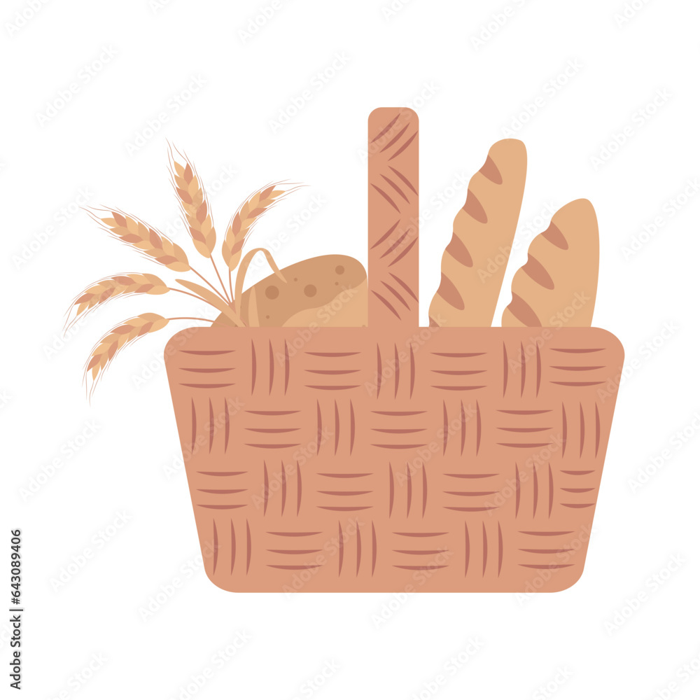 Picnic basket with bread, loaf, bunch of wheat. Vector illustration on white background. Picnic basket with bread, loaf, bunch of wheat. Vector illustration on white background.