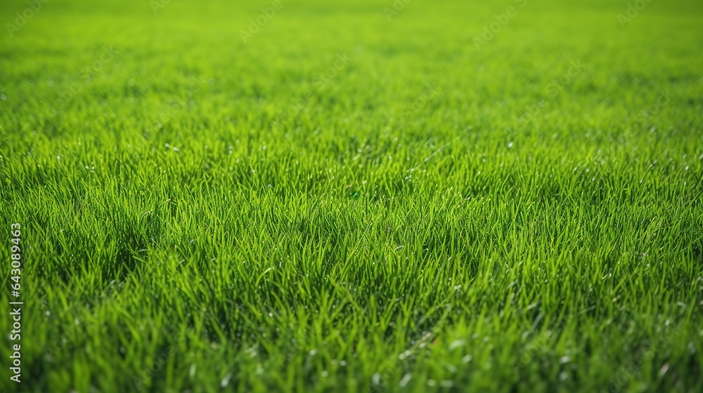 Wide background image of green carpet of neatly trimmed grass. Beautiful grass texture on bright green mowed lawn, field, grassplot in nature.