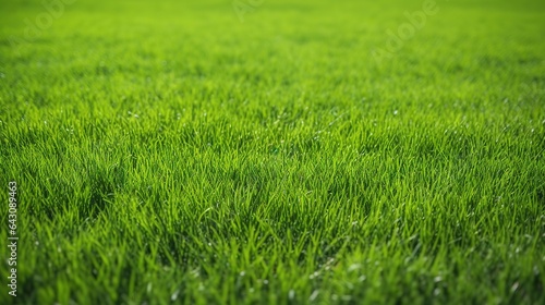 Wide background image of green carpet of neatly trimmed grass. Beautiful grass texture on bright green mowed lawn, field, grassplot in nature. photo