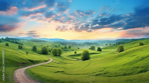 A green grass field in hilly area in morning at dawn against blue sky with clouds. Natural panoramic spring summer landscape with winding path.