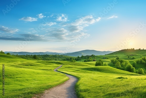 A green grass field in hilly area in morning at dawn against blue sky with clouds. Natural panoramic spring summer landscape with winding path. photo