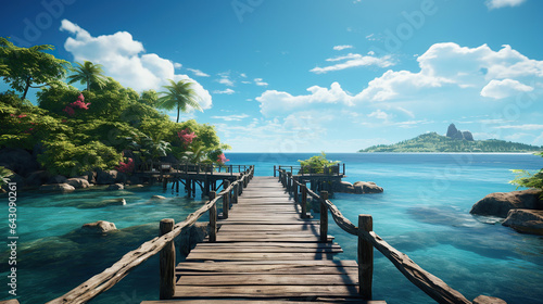Beautiful tropical landscape background, concept for summer travel and vacation. Wooden pier to an island in ocean against blue sky with white clouds. © Santy Hong