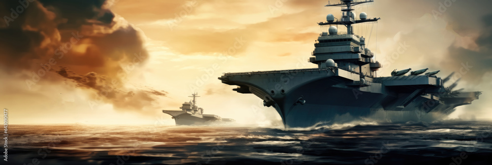 Military aircraft carrier ship with fighter jets take off during a special operation at airforce support at war zone. Military aircraft carrier ship with fighter jets take off during a special operation at airforce support at war zone.