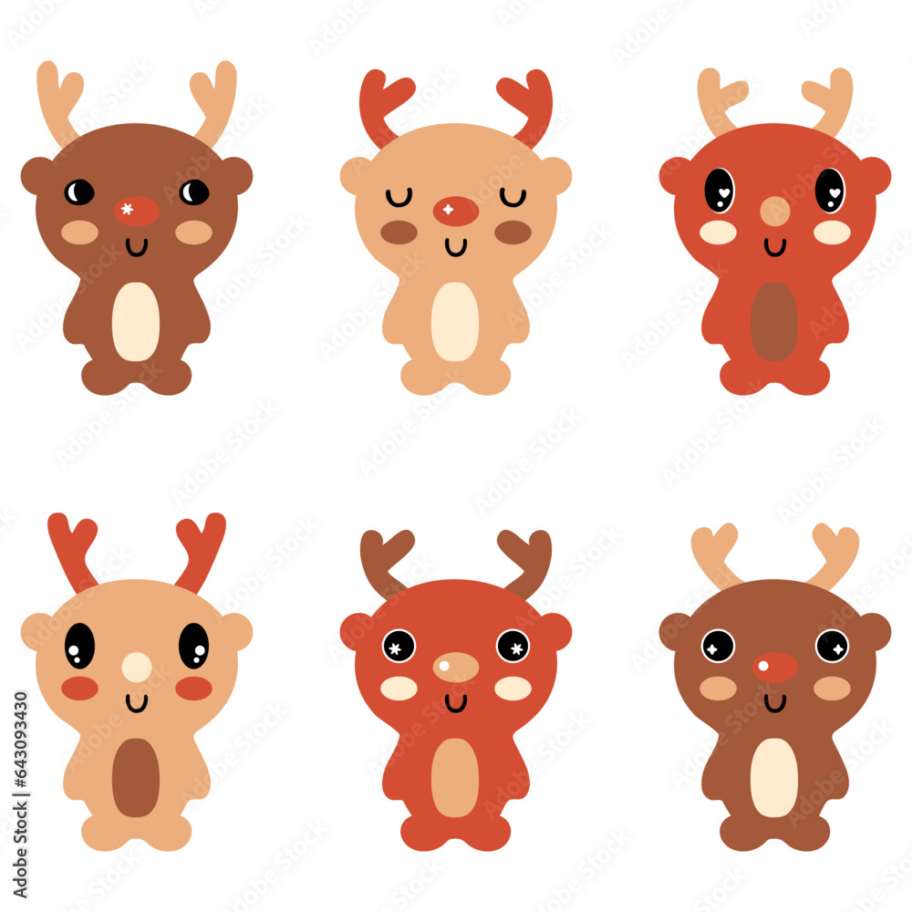 New year deer kawaii cartoon style clipart collection. Perfect for tee, poster, card, sticker. Vector illustration. New year deer kawaii cartoon style clipart collection. Perfect for tee, poster, card, sticker. Vector illustration.