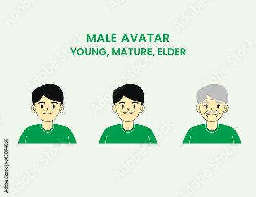 Set of 3 male avatars - young, mature, elder with green background smiling and happy