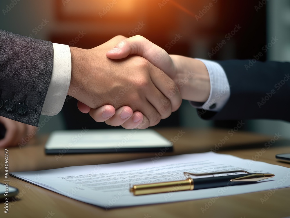 Two Businesspeople shaking hands with document background. businessmen are agreeing on business together and shaking hands after a successful negotiation. AI Generative. Two Businesspeople shaking hands with document background. businessmen are agreeing on business together and shaking hands after a successful negotiation. AI Generative.