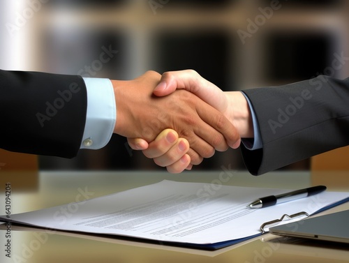Two Businesspeople shaking hands with document background. businessmen are agreeing on business together and shaking hands after a successful negotiation. AI Generative.