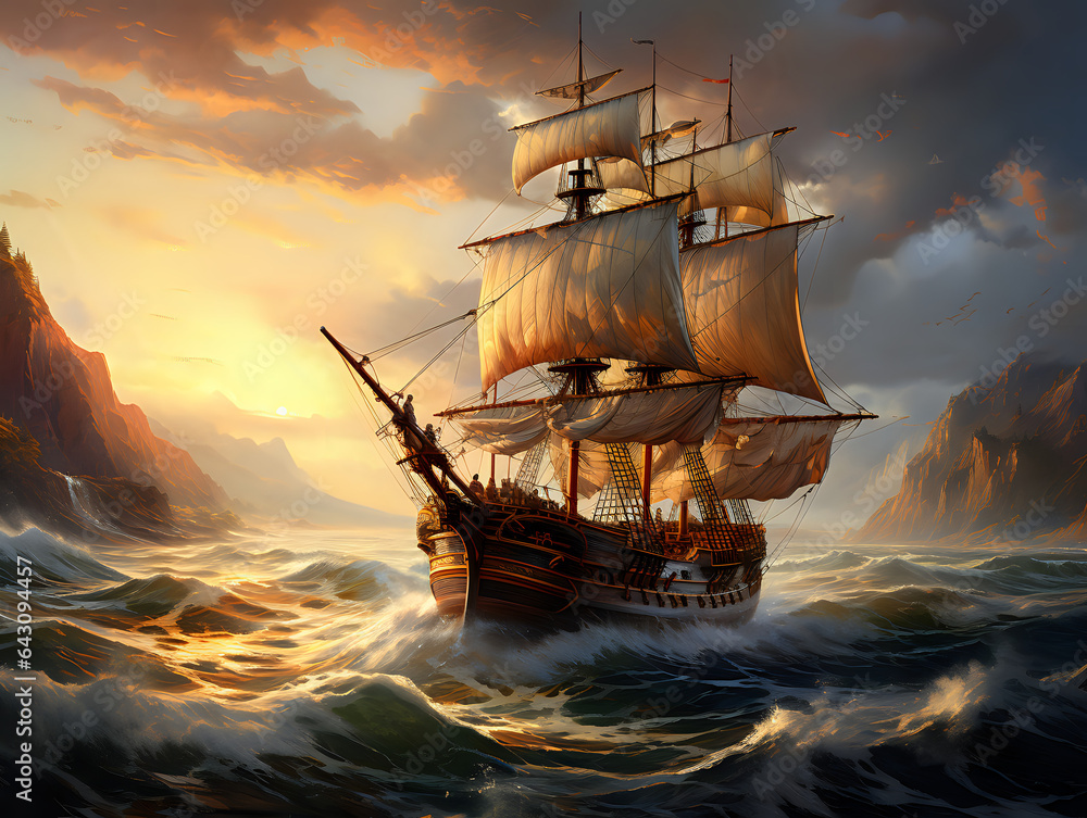 Obraz premium ship in the sea at sunset 