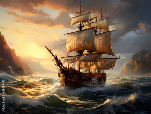 ship in the sea at sunset 