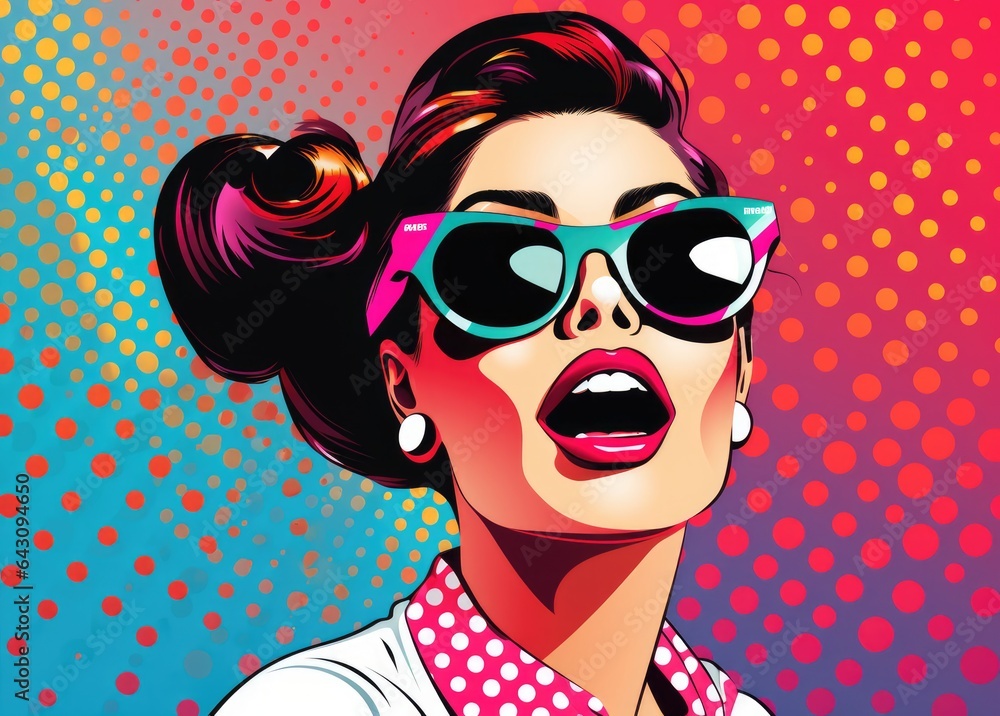 pop art woman with squinted eyes and open mouth. Invitation to a party. Face close-up. pop art woman with squinted eyes and open mouth. Invitation to a party. Face close-up.