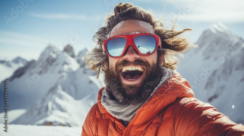 happy man wear sunglasses spending weekend at ski resort winter holiday concept