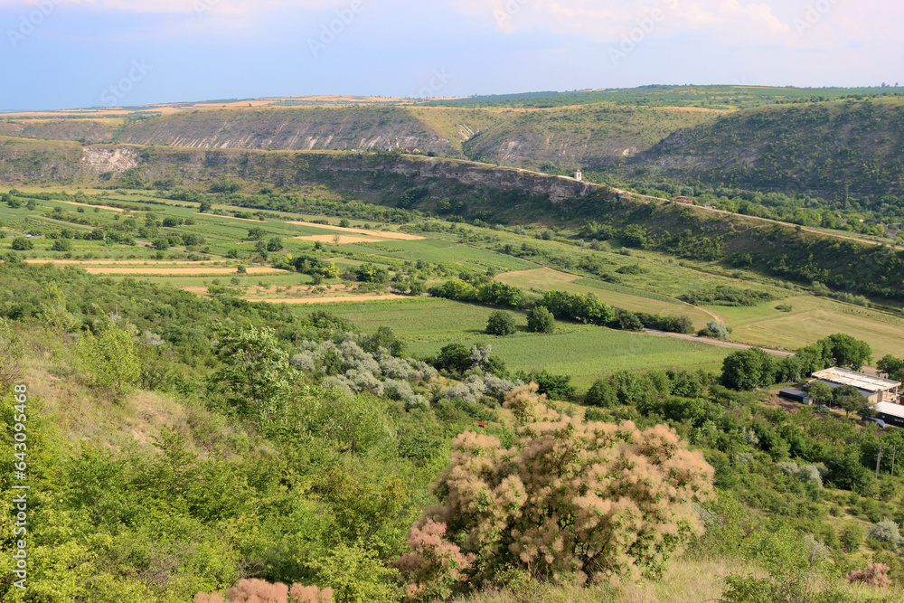 View of the valley between the hills in Old Orhei archaeological park, Trebujeni commune, Moldova