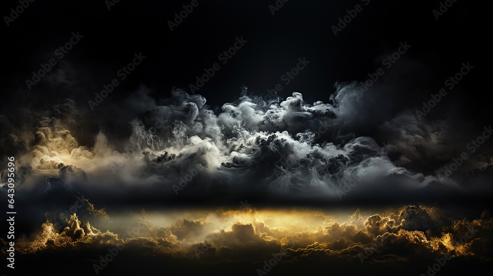 Smoke clouds, steam mist fog and white foggy vapor. 3D realistic smoke from dust particles isolated on black background. - obrazy, fototapety, plakaty 