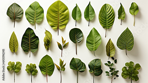 Tropical green leaves various isolated on white background.