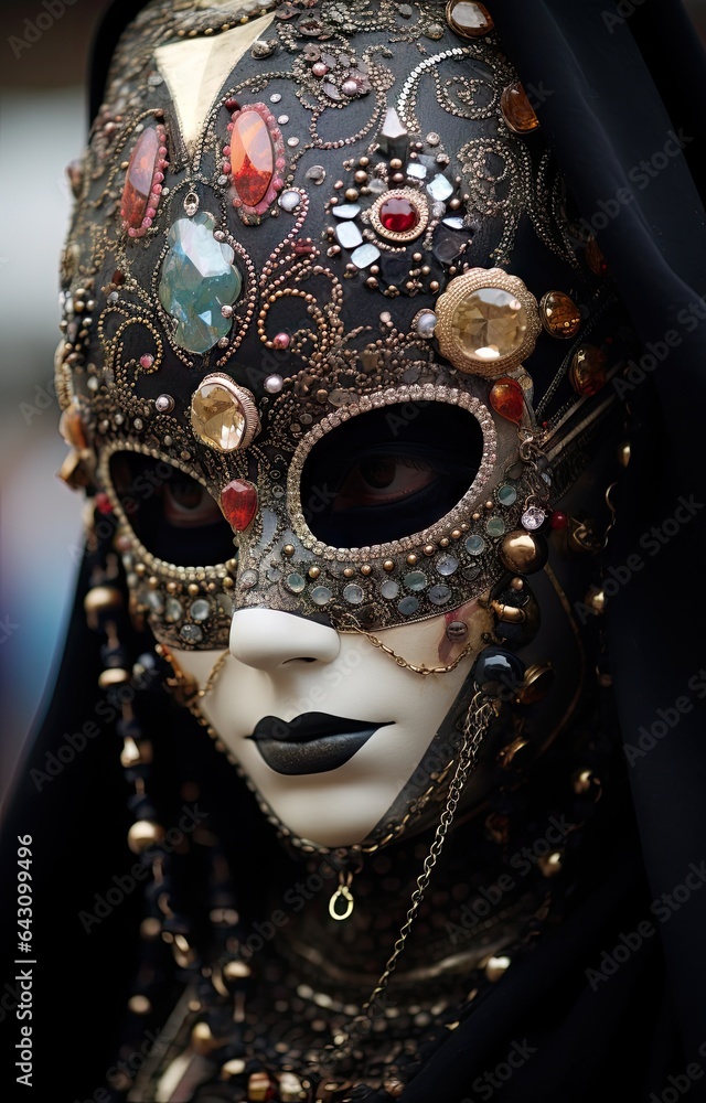 a woman wearing a red and white mask with gold decorations on her face, venice, italy photo by person