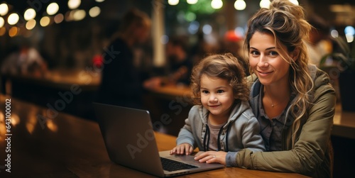 girl with a child and a laptop in a cafe Generative AI