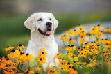 golden retriever dog portrait in the park with orange flowers