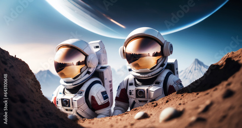 immagine primo piano di astronauti nella tuta spaziale sulla superficie di una luna aliena, spazio e pianeti sullo sfondo