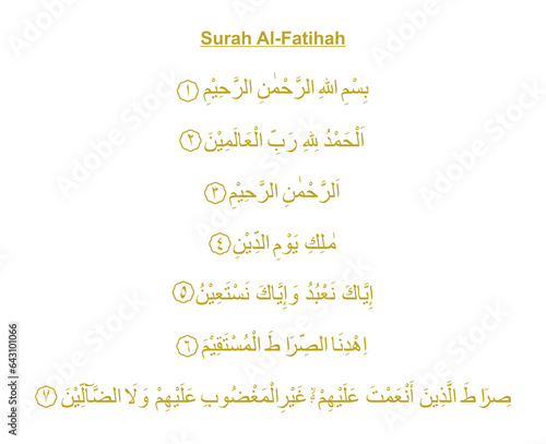 Al Fatiha or Al Fatihah, opening or opener, is the first surah of the Quran, 7 verses which are a prayer for guidance and mercy, recited in Muslim obligatory and voluntary prayers in the Sholat. photo