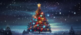 A christmas tree with christmas ornaments and other decorations. Winter background copy space