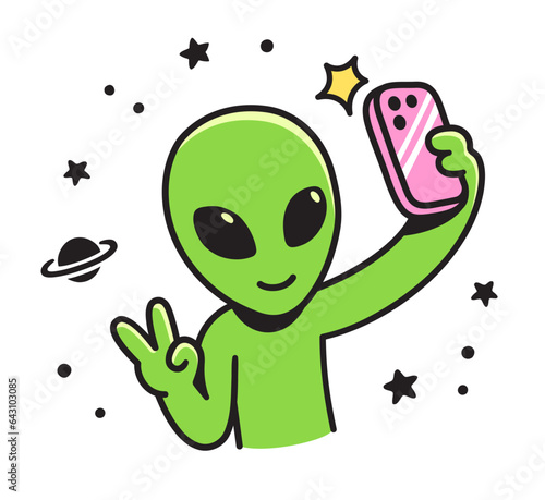 Cute cartoon alien character takes selfie with phone. Funny vector illustration.