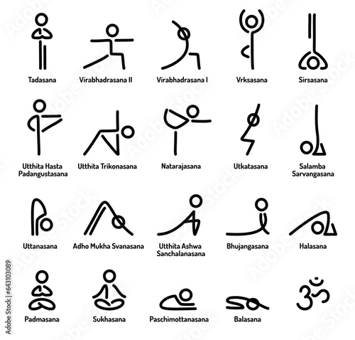Yoga poses stylized line icon set
