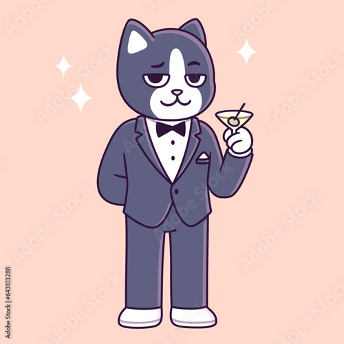 Tuxedo cat cartoon character. Funny cat in black tie suit holding martini glass. Cute vector illustration.