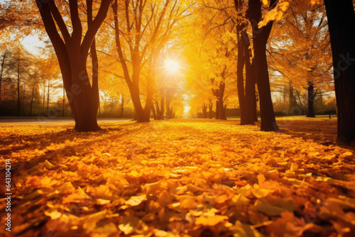 Golden autumn landscape with yellow trees and sun