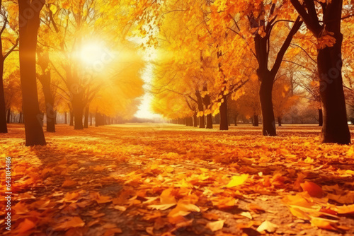 Golden autumn landscape with yellow trees and sun