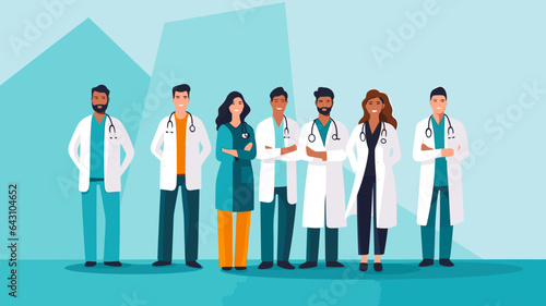 vector illustration, copy space, medical healthcare team, docters with different ethnic background discussing, surgeon clothing, health care, medicine. Teamwork.