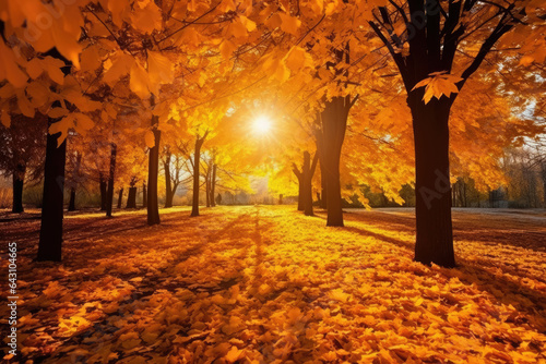 Golden autumn landscape with yellow trees and sun © Veniamin Kraskov