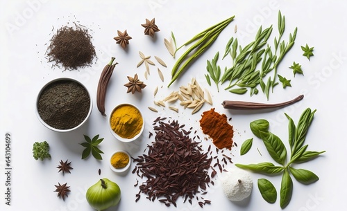 Different types of herbs and spices on a white background top view