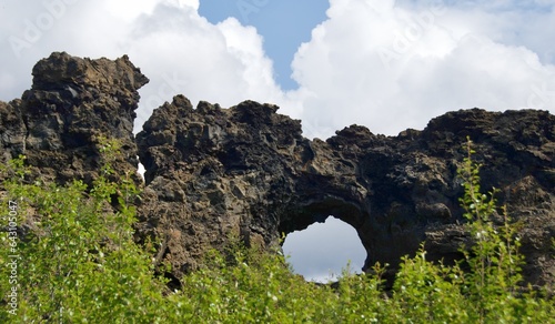 Different rock formations left in Dimmuborgir lava field in Iceland
