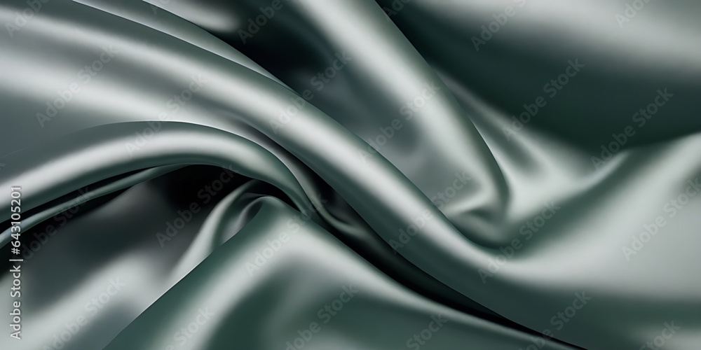 Abstract grey silver silk satin. Soft, wavy folds. Shiny fabric surface. Luxurious emerald green background with copy space for design. Abstract grey silver silk satin. Soft, wavy folds. Shiny fabric surface. Luxurious emerald green background with copy space for design.