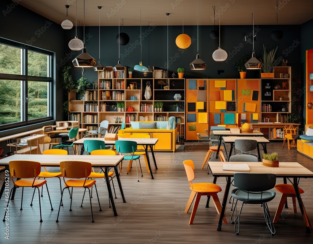 an office with colorful chairs and desks in the middle of the room, there is a bookcase on the wall an office with colorful chairs and desks in the middle of the room, there is a bookcase on the wall