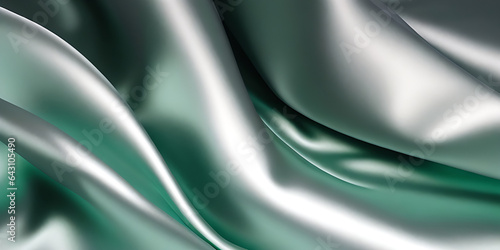 Abstract grey silver silk satin. Soft, wavy folds. Shiny fabric surface. Luxurious emerald green background with copy space for design.